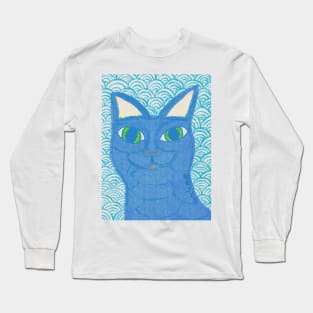 Blue cat with Japanese waves Long Sleeve T-Shirt